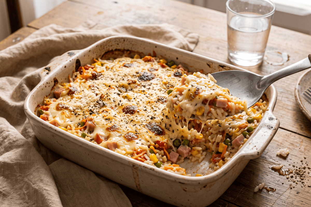 Arroz de forno com presunto e queijo