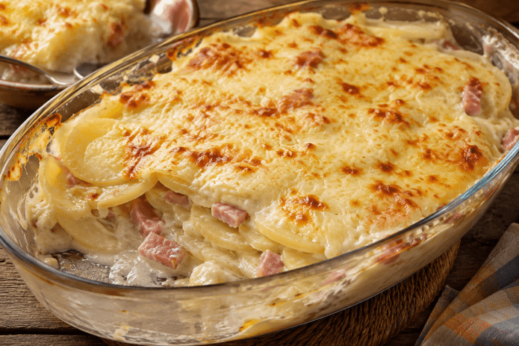 Batata gratinada com presunto e queijo