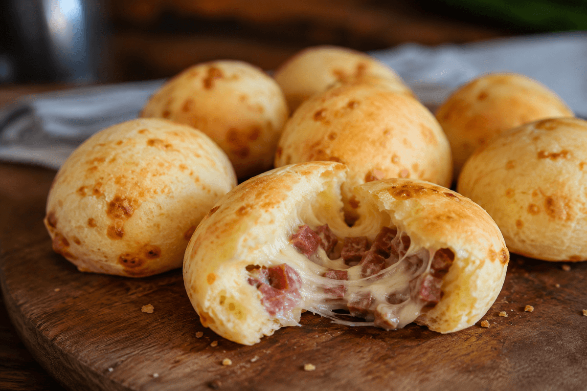 Bolinha de pão de queijo recheada com calabresa e requeijão