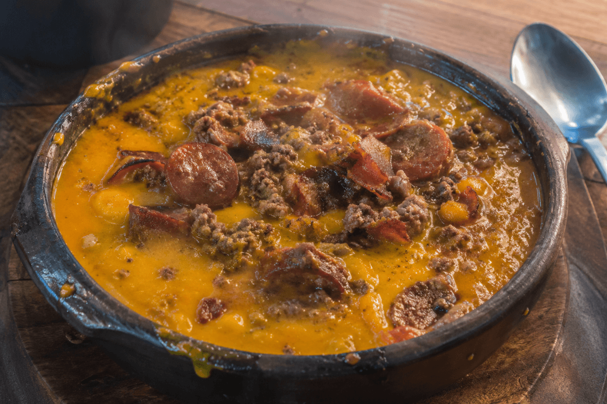 Caldo de abóbora com carne moída, calabresa e bacon