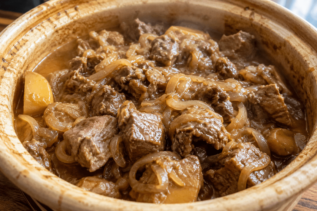 Carne de panela de pressão com cebola