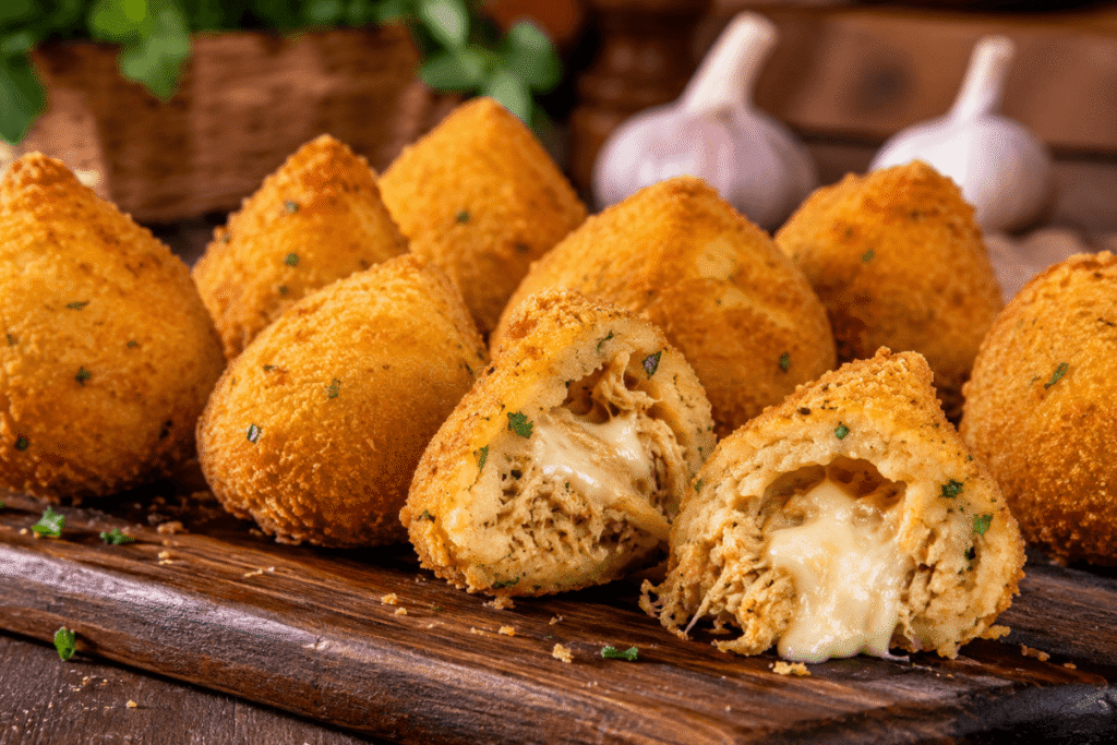 Coxinha de pão de alho com frango e requeijão