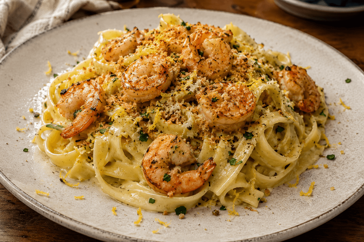 Fettuccine ao limone com camarões e farofa de panko