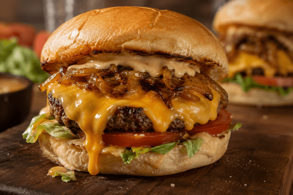 Hambúrguer caseiro com cebola caramelizada e cheddar cremoso