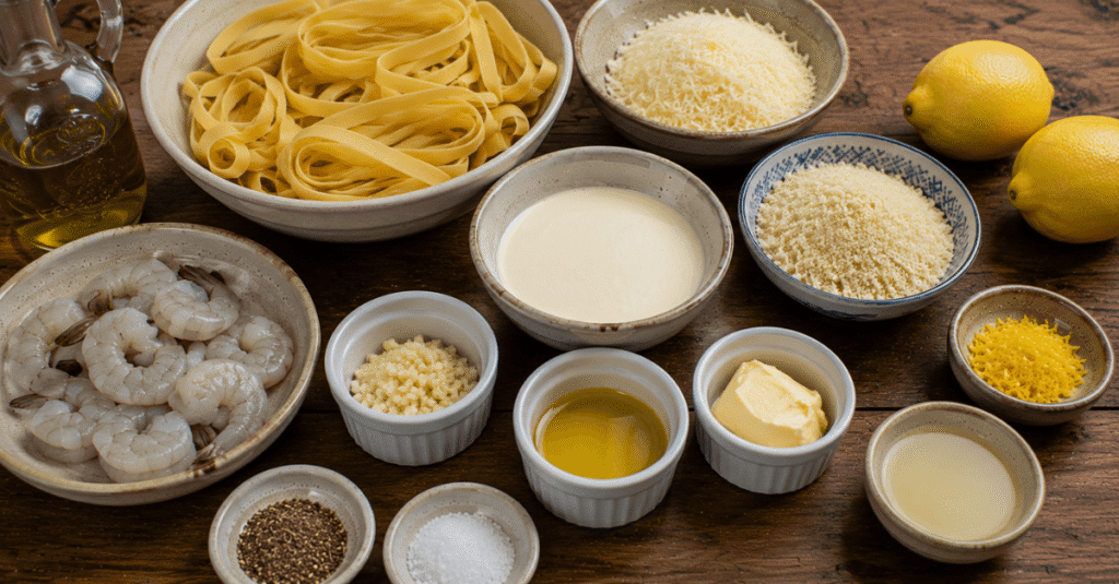 Ingredientes Fettuccine ao limone com camarões e farofa de panko
