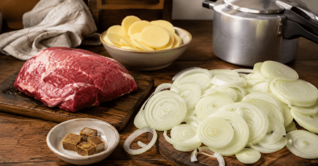 Ingredientes da Carne de panela de pressão com cebola
