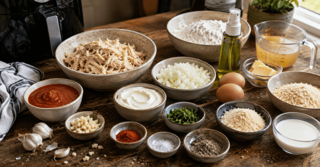 Ingredientes da Coxinha de pão de alho recheada com frango e requeijão