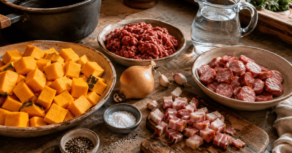Ingredientes da receita de Caldo de abóbora com carne moída, calabresa e bacon