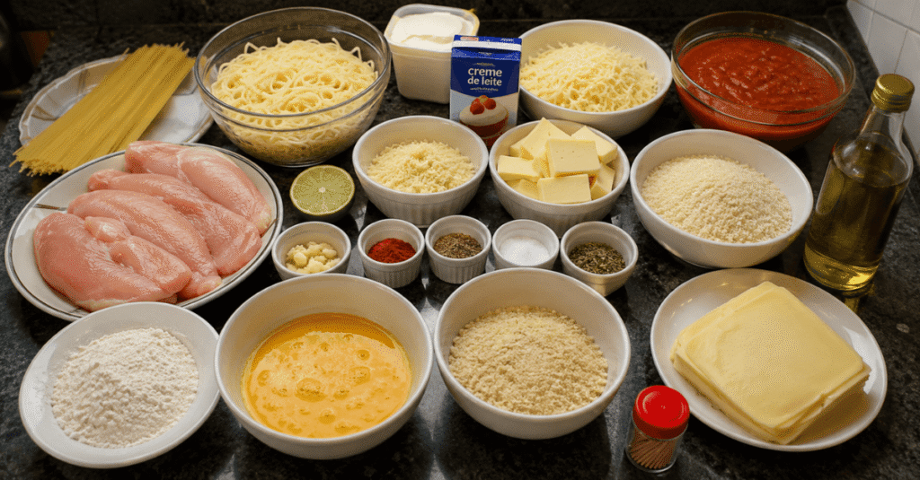 Ingredientes da receita de Canelone crocante de frango com macarrão