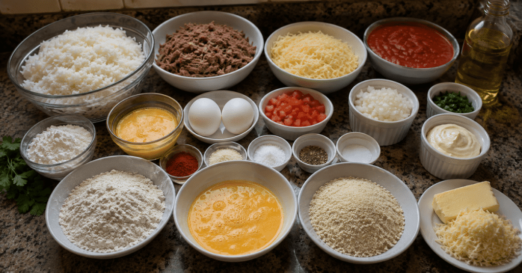Ingredientes do Rocambole crocante de arroz com carne e queijo