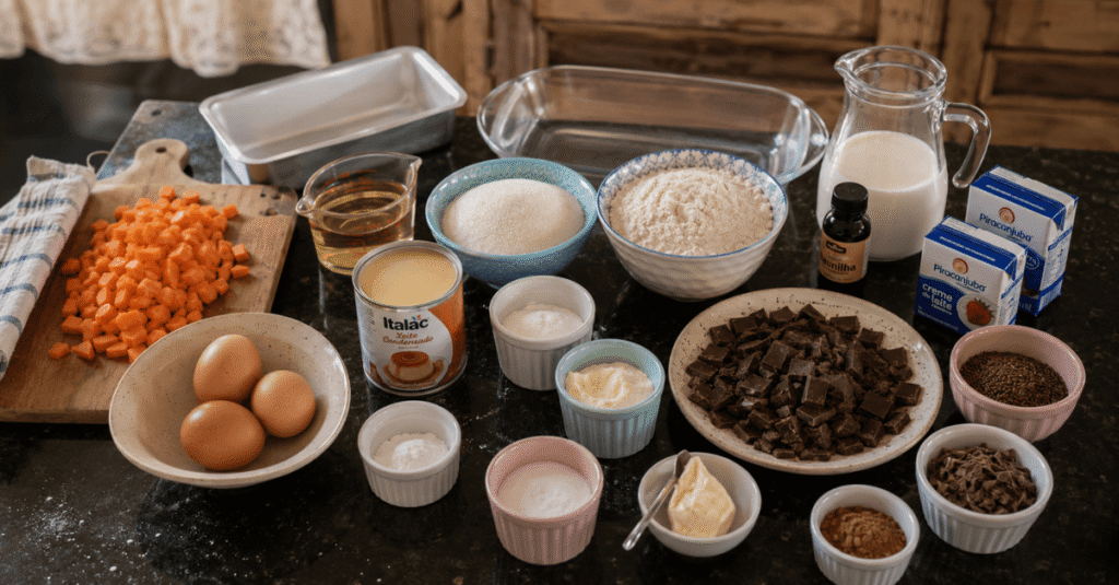 Ingredientes do sorvete de bolo de cenoura com calda