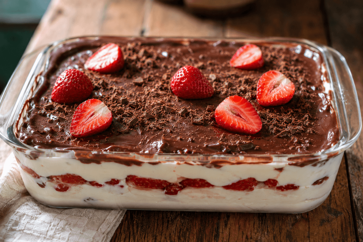 Morango cremoso com chocolate na travessa