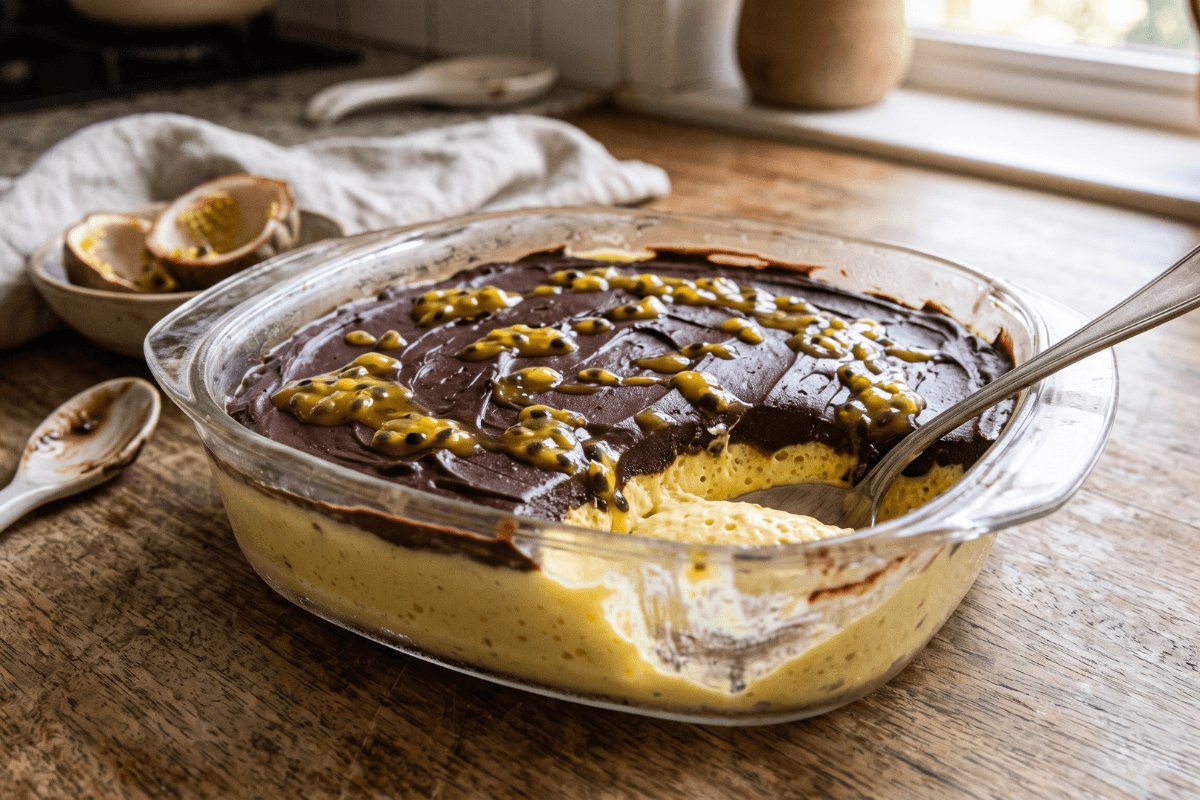 Mousse de maracujá com ganache é uma sobremesa cremosa,