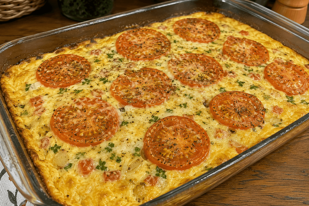 Omelete de forno com tomate e queijo