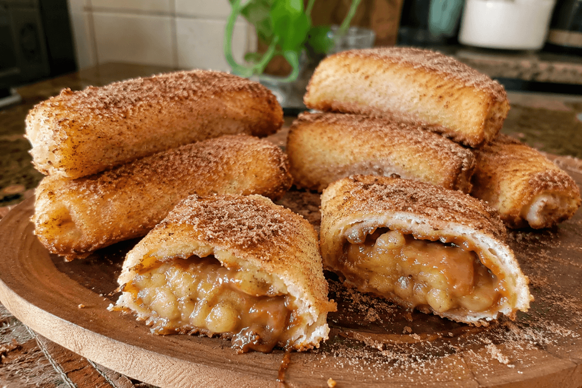 Rocambole de pão com banana, doce de leite e canela