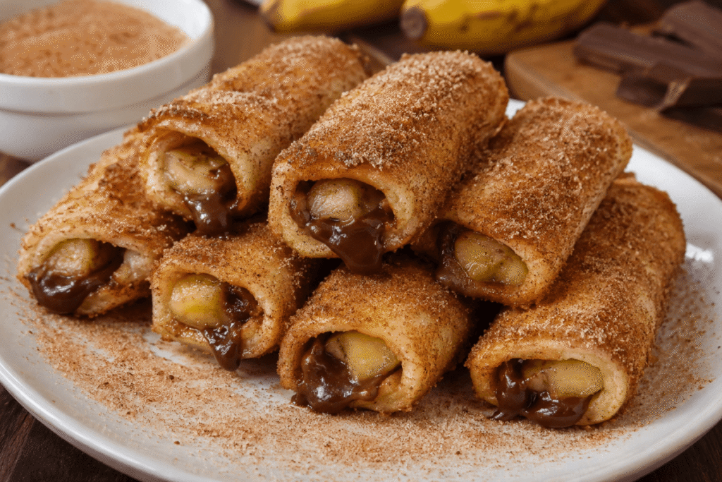 Rolinho de pão com banana, chocolate e canela