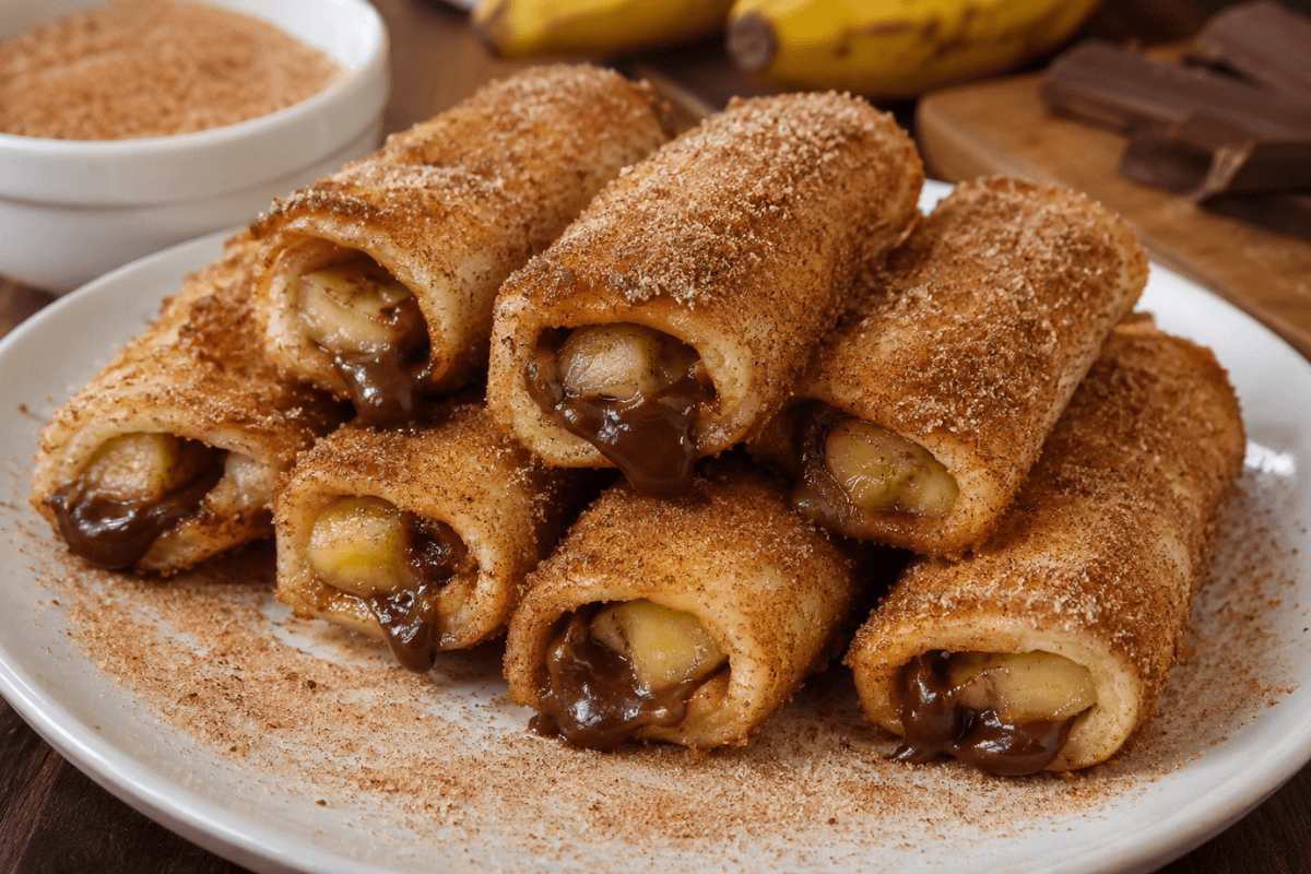 Rolinho de pão com banana, chocolate e canela