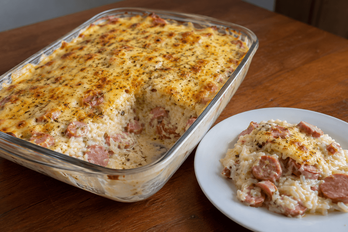 Arroz de forno cremoso com salsicha