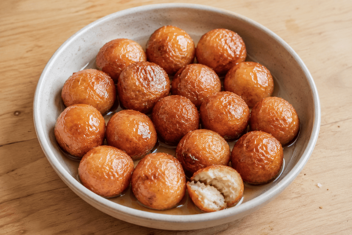 Bolinhas doces de pão fritas com calda
