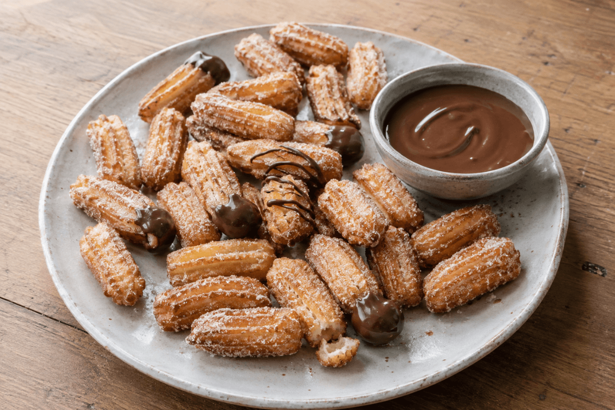 Mini churros com cobertura de chocolate