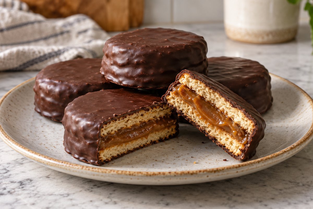 Alfajores argentinos com cobertura de chocolate e recheio de doce de leite