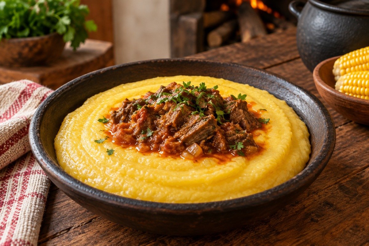 angu de fubá amarelo-claro, cremoso e liso, servido em tigela de barro simples