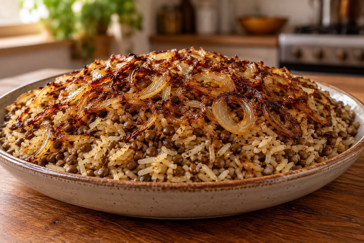Arroz com lentilha árabe coberto com cebola caramelizada