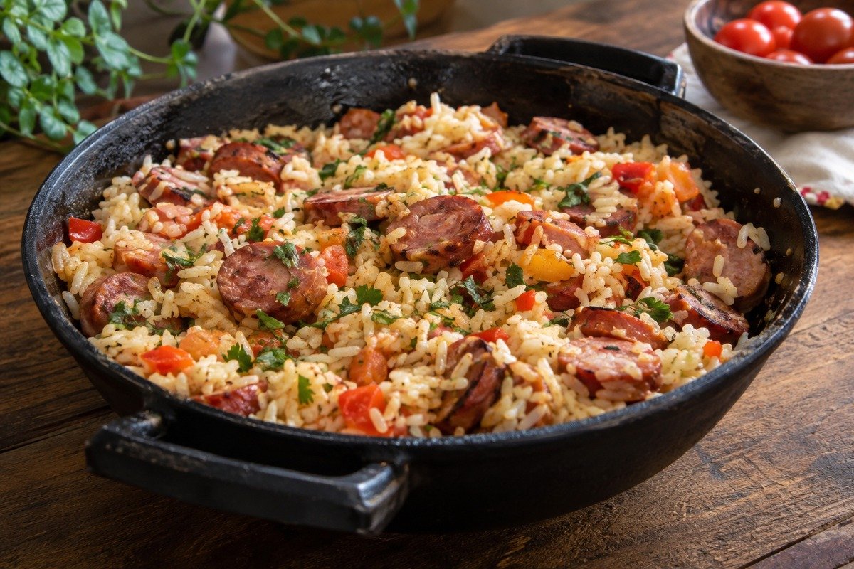 Arroz com linguiça dourada e cheiro-verde servido em tigela rústica