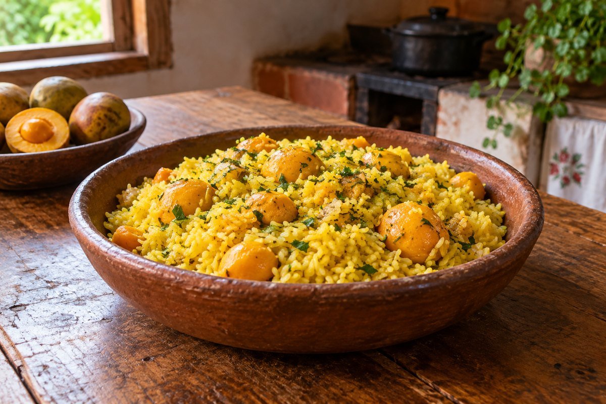 Arroz com Pequi pronto em apresentação caseira sobre mesa de madeira