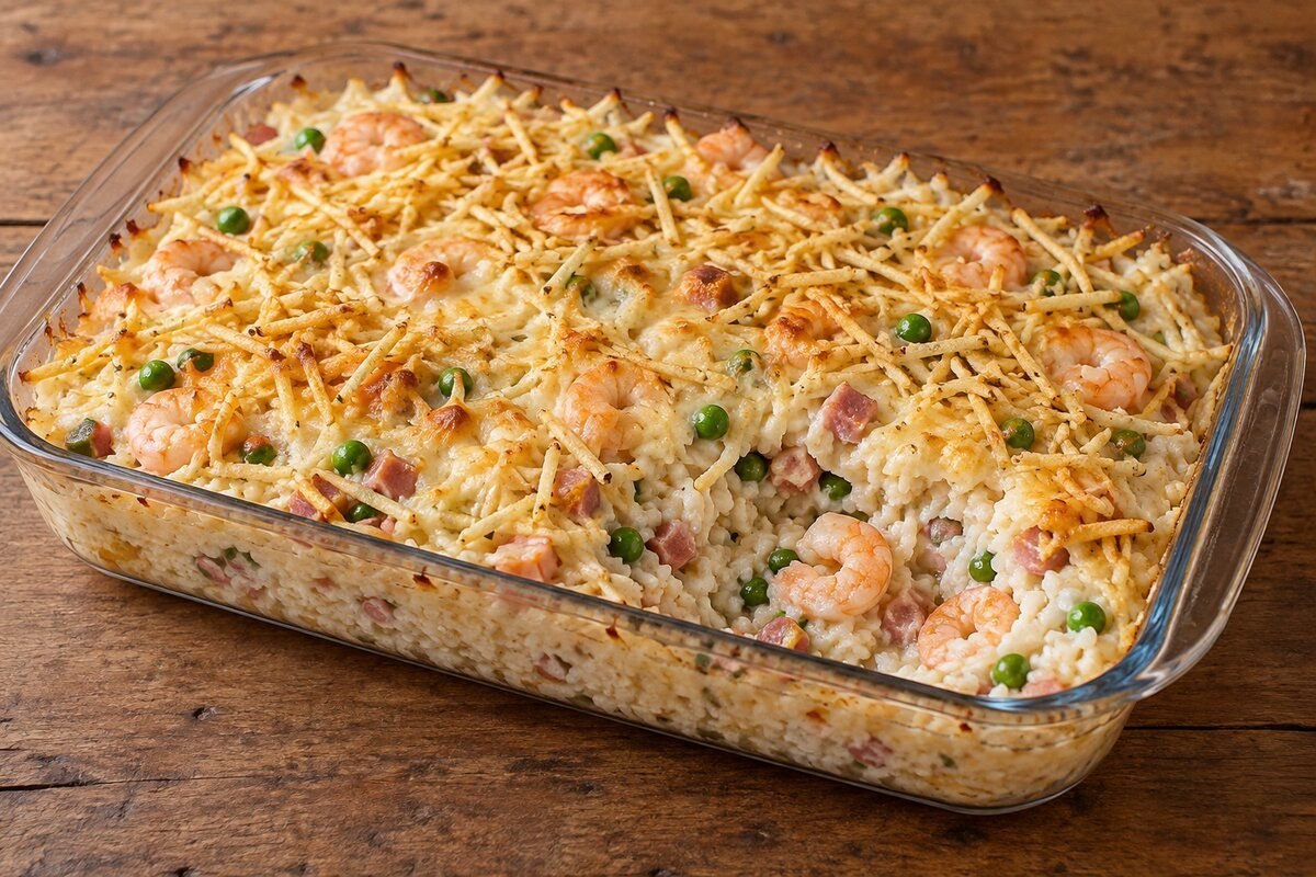 Arroz internacional cremoso com camarões, queijo derretido e batata palha