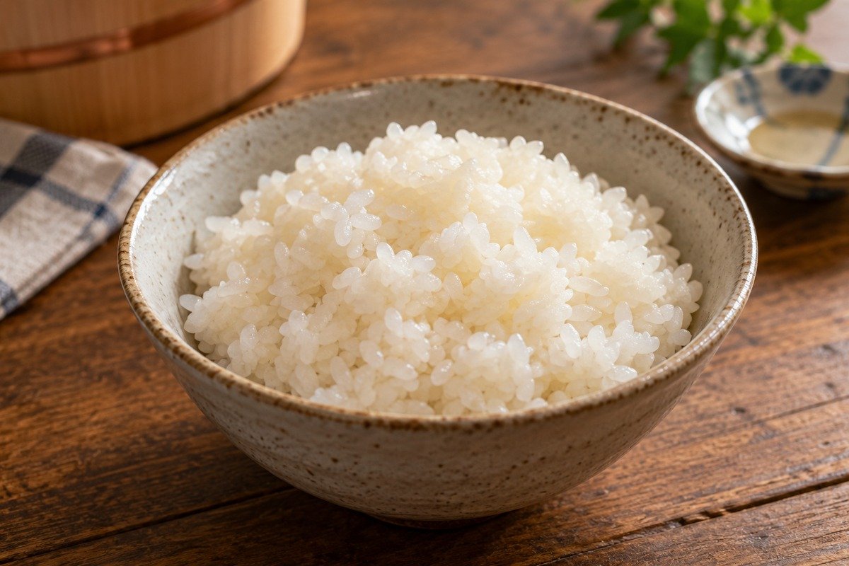 Arroz para sushi servido em tigela de cerâmica sobre mesa de madeira em ambiente simples