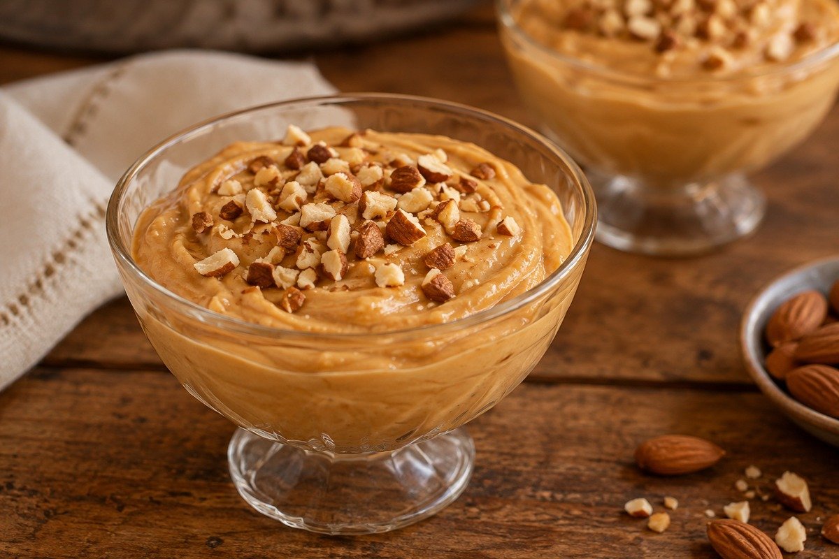 Baba de camelo cremosa, cor de doce de leite, com amêndoas trituradas na superfície