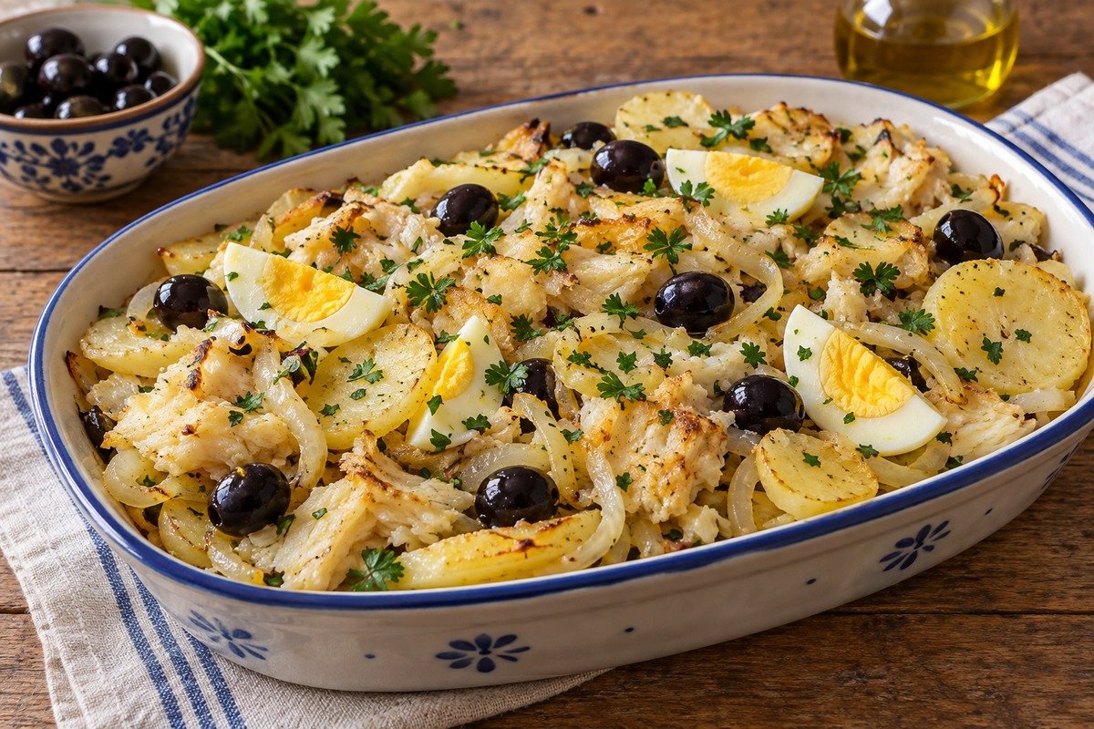 travessa de bacalhau à Gomes de Sá com lascas de bacalhau, batatas em rodelas, ovos cozidos e azeitonas pretas