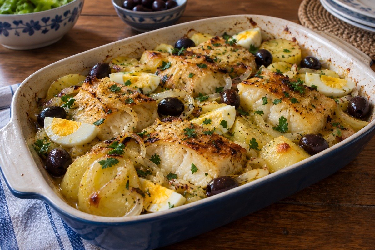 Bacalhau de forno com batatas, ovos e azeitonas em refratário
