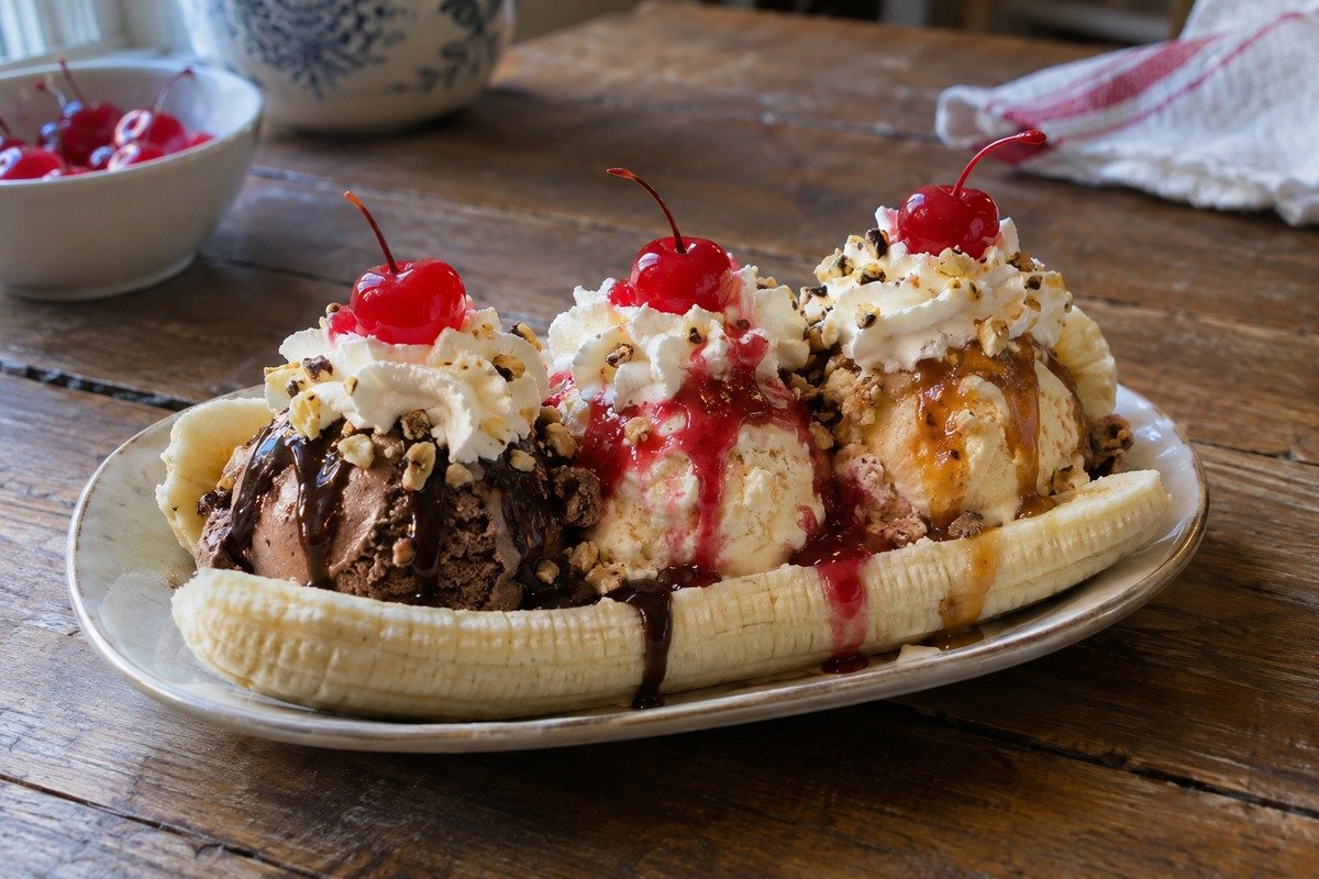 Banana split simples com três bolas de sorvete, chantilly e cerejas em prato claro