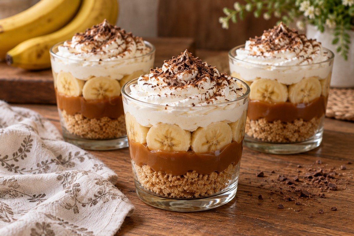 copos transparentes de banoffee com camadas nítidas de farofa, doce de leite, banana e chantilly, acabamento caseiro
