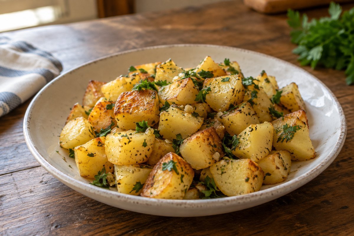 Batata Sauté em apresentação caseira sobre mesa simples