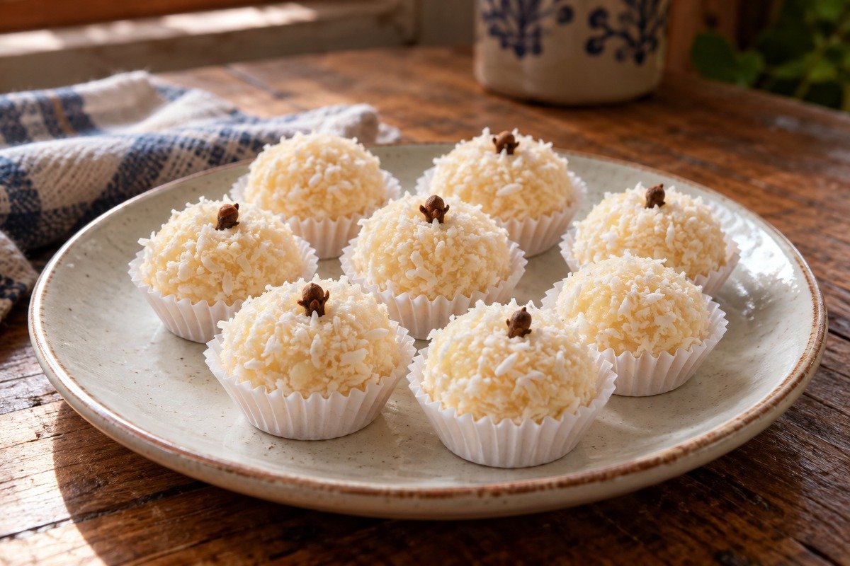 Beijinhos de coco brancos em forminhas, cobertos com coco ralado e alguns decorados com cravo.