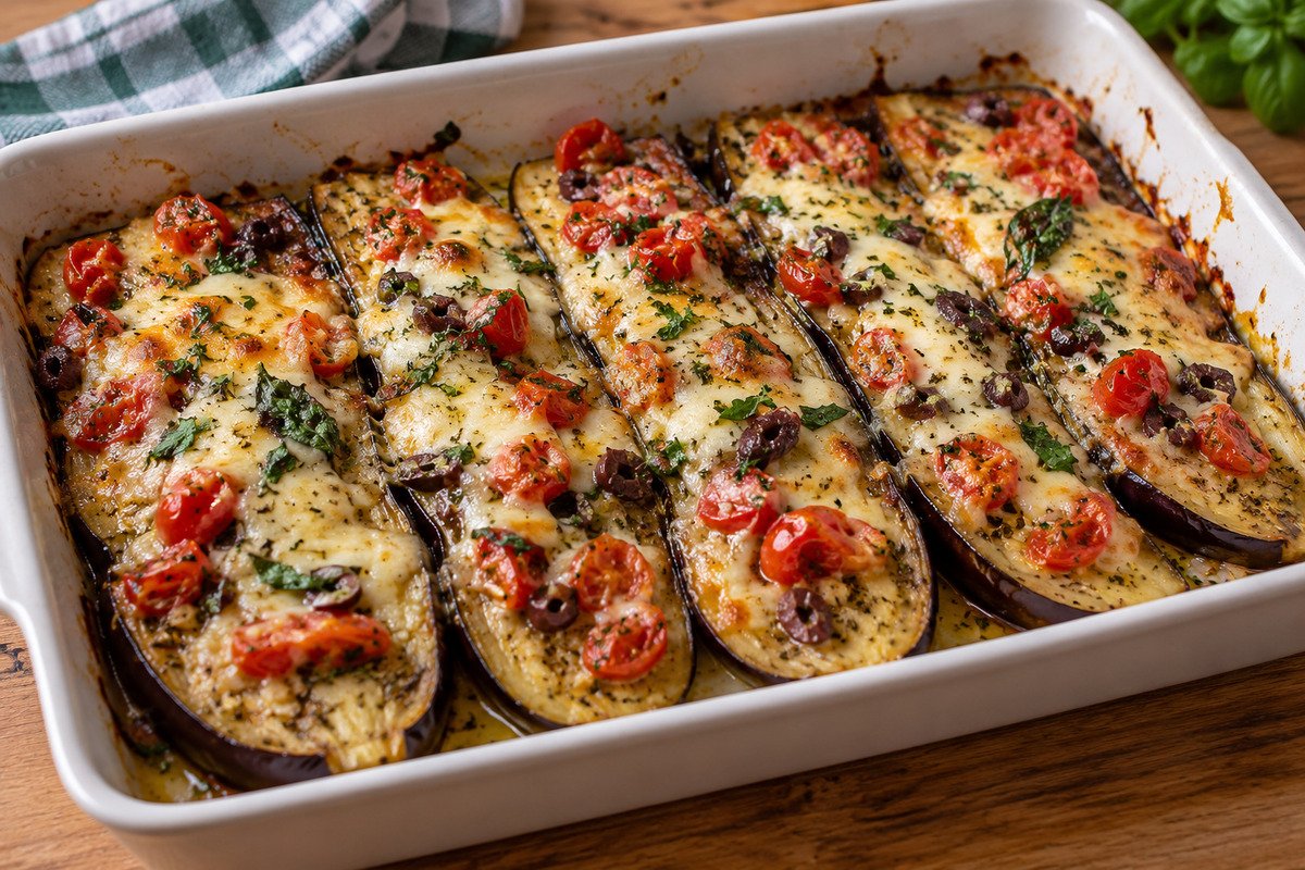Fatias de berinjela gratinadas com tomates-cereja, azeitonas, ervas e queijo numa assadeira.