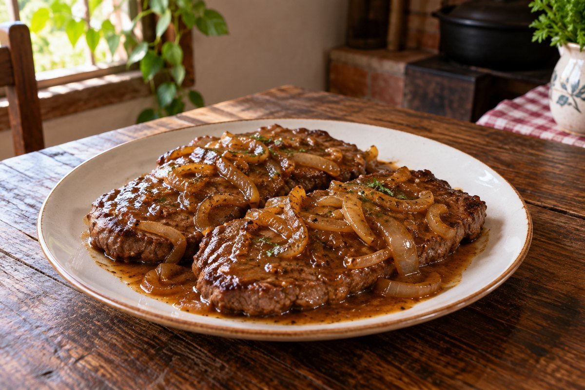 Bifes com Molho pronto em apresentação caseira sobre mesa de madeira