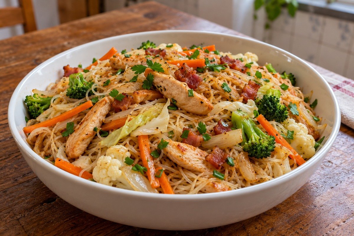 Bifum de arroz com tiras de frango, bacon e legumes coloridos em travessa caseira