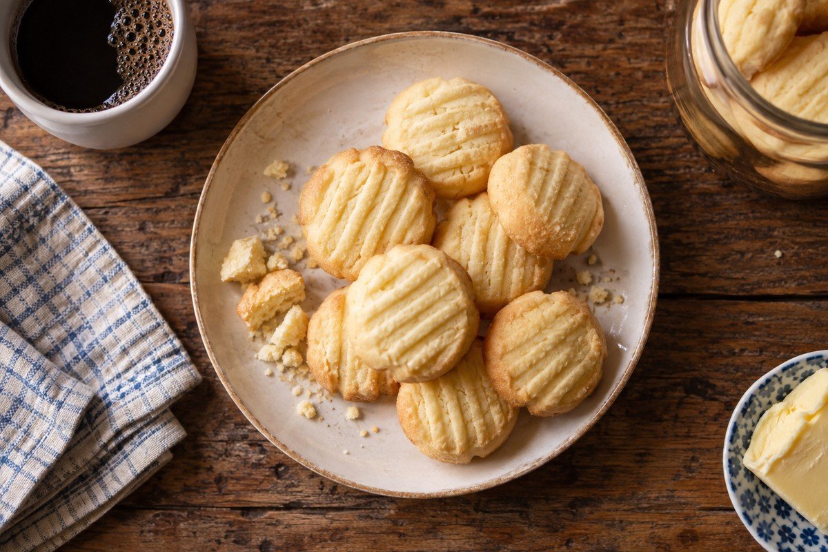 Biscoitos amanteigados de Maizena dourados servidos em prato simples