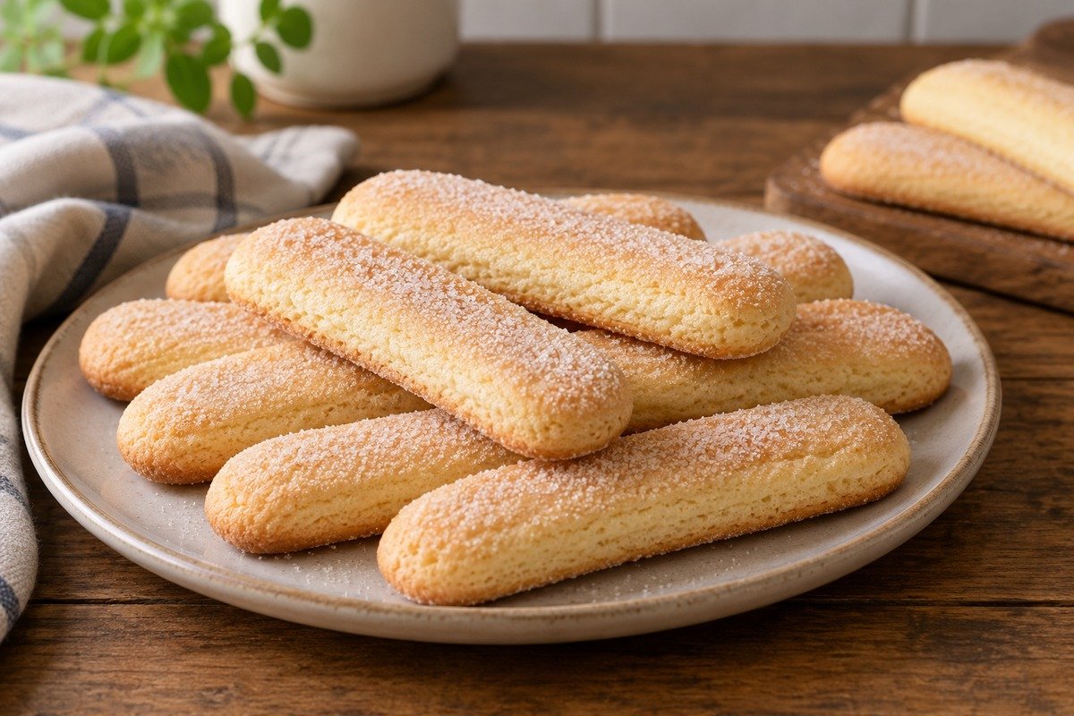 biscoitos champanhe caseiros alongados, claros e levemente dourados, polvilhados com açúcar, em prato simples