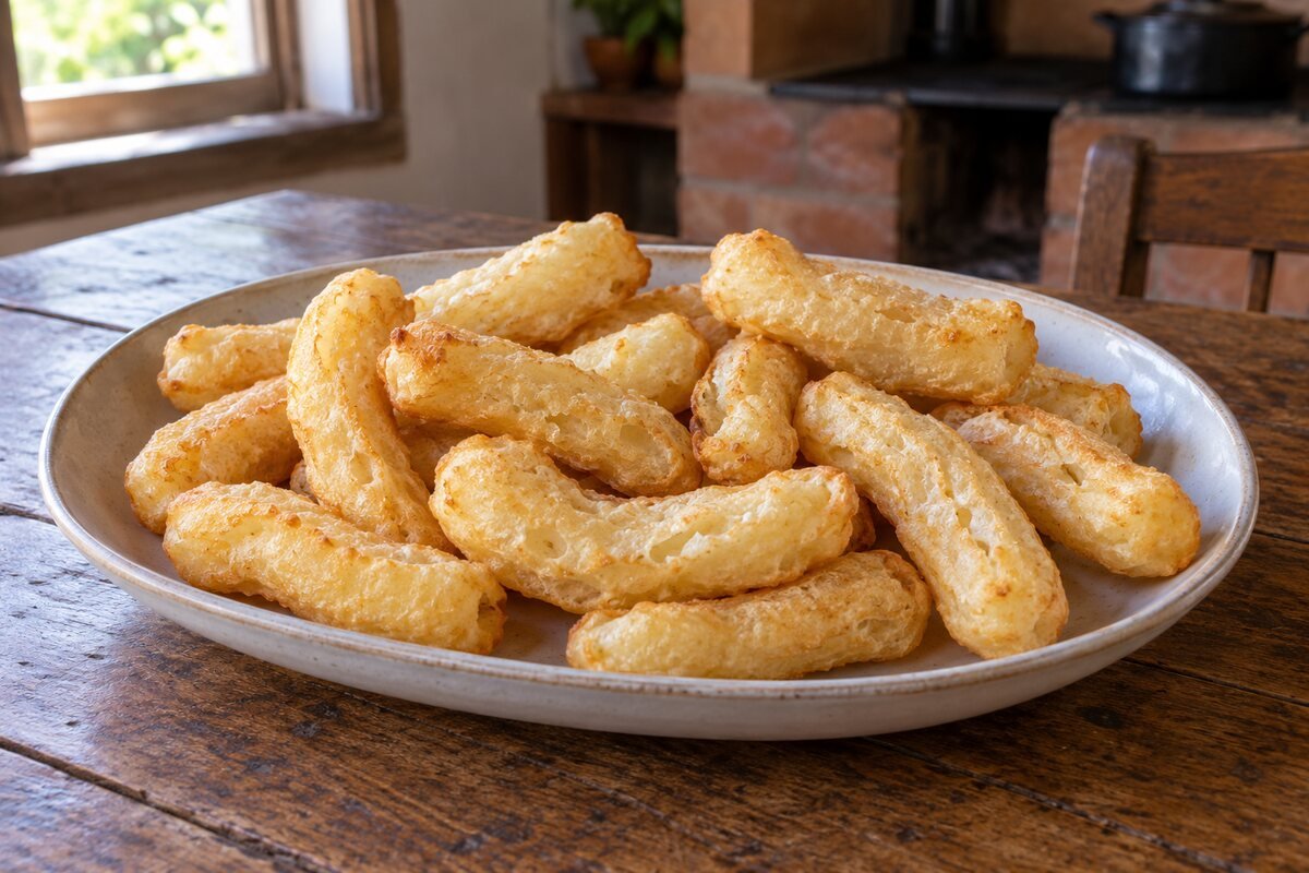 Biscoitos de polvilho fritos e dourados em travessa sobre mesa de madeira