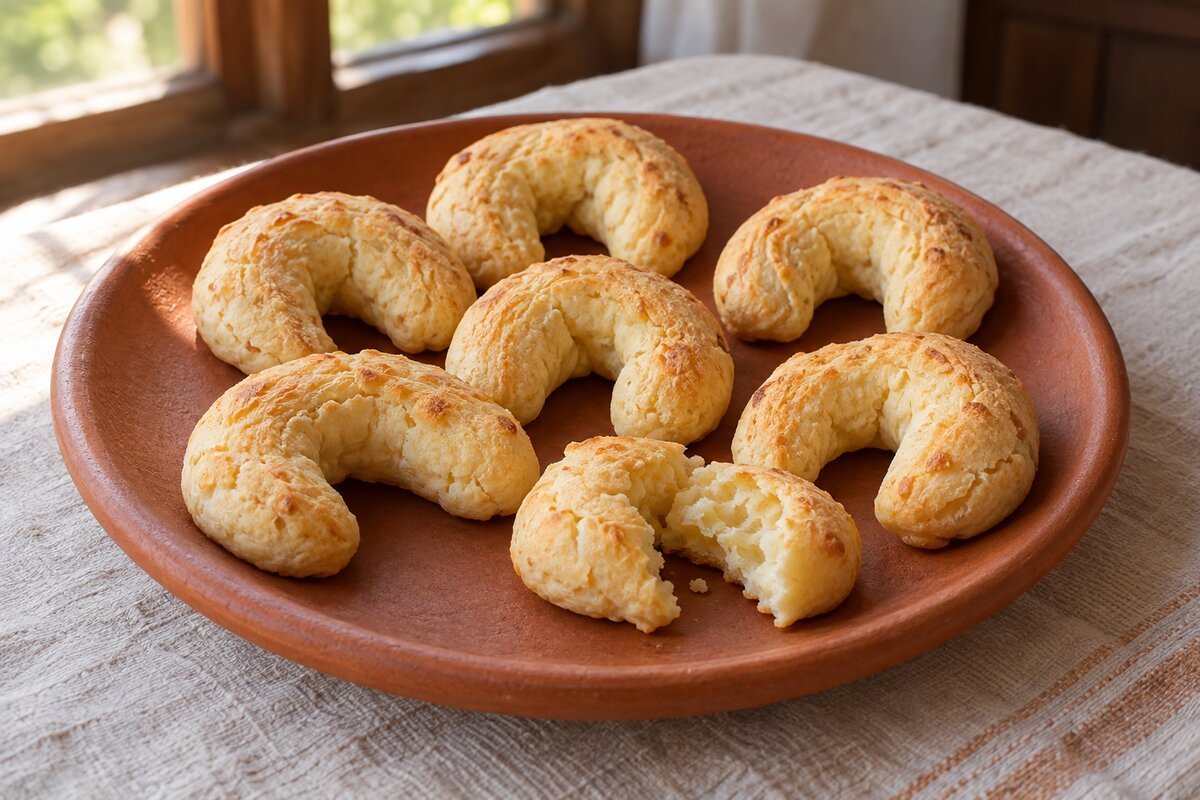 Biscoitos de queijo mineiro em formato de ferradura sobre prato de barro