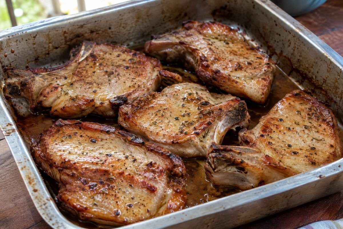 Bisteca de Porco ao Forno em apresentação caseira sobre mesa simples