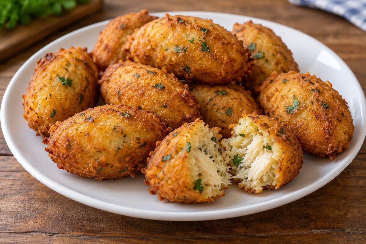 Bolinhos de bacalhau dourados e ovais em travessa simples, com um aberto mostrando o interior de batata e bacalhau.