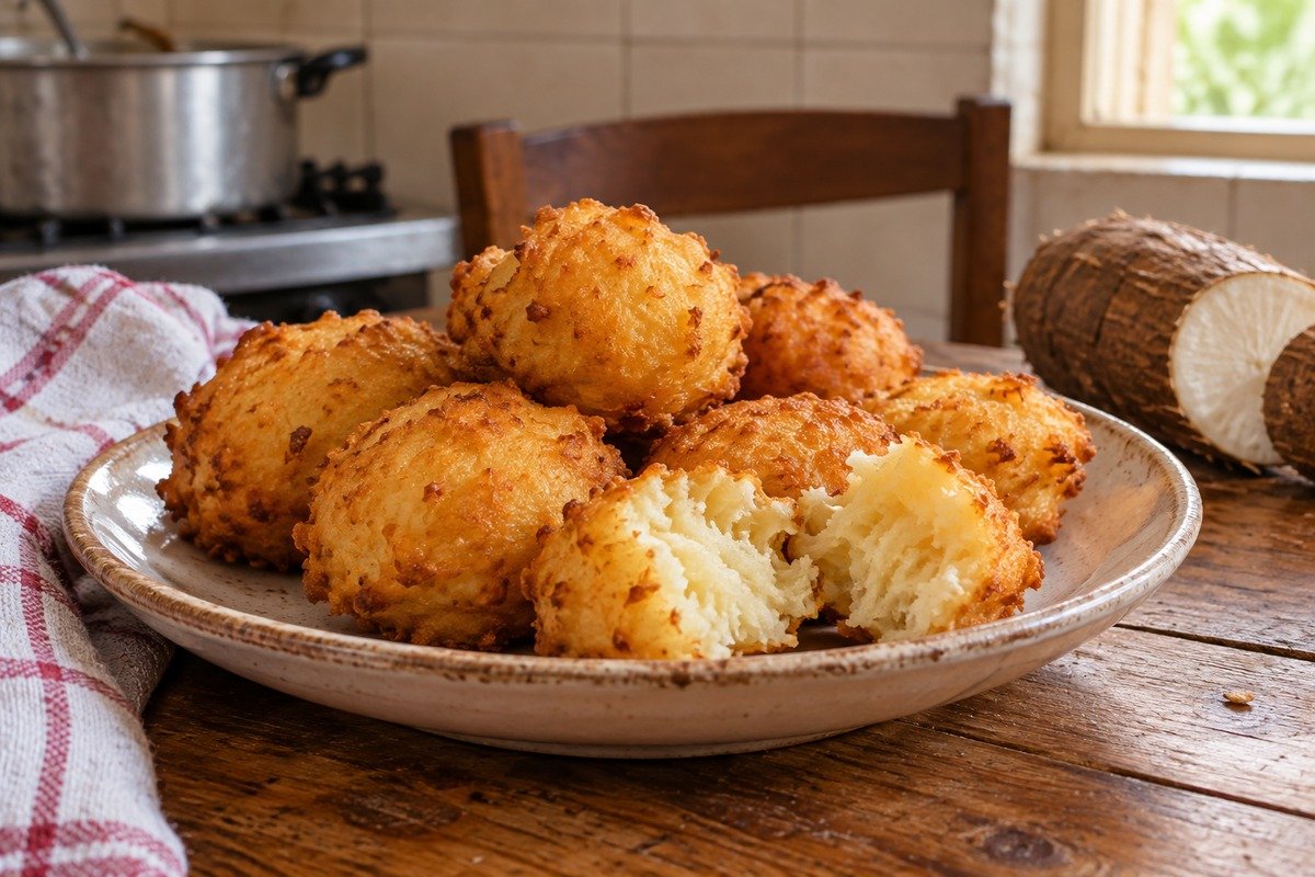 Bolinho de mandioca dourado em prato, com um aberto mostrando o interior claro e macio.
