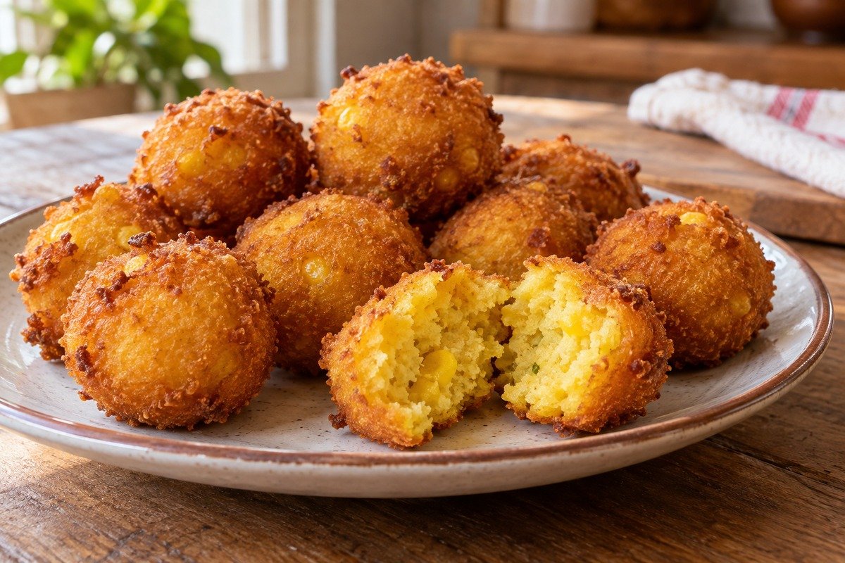 Bolinhos de milho redondos e dourados em prato simples, com um partido mostrando massa amarela macia sem recheio