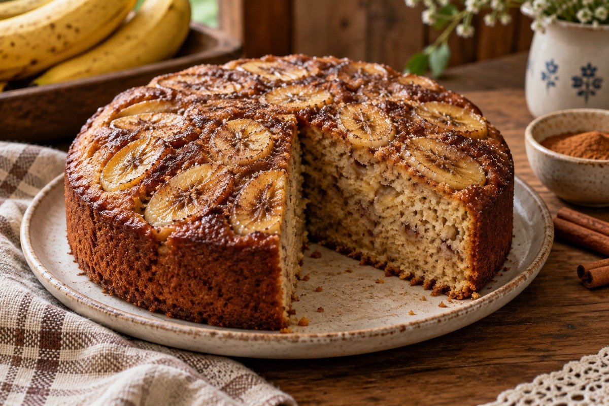 bolo de banana com canela em forma de furo central, dourado, caseiro, uma fatia cortada mostrando miolo úmido